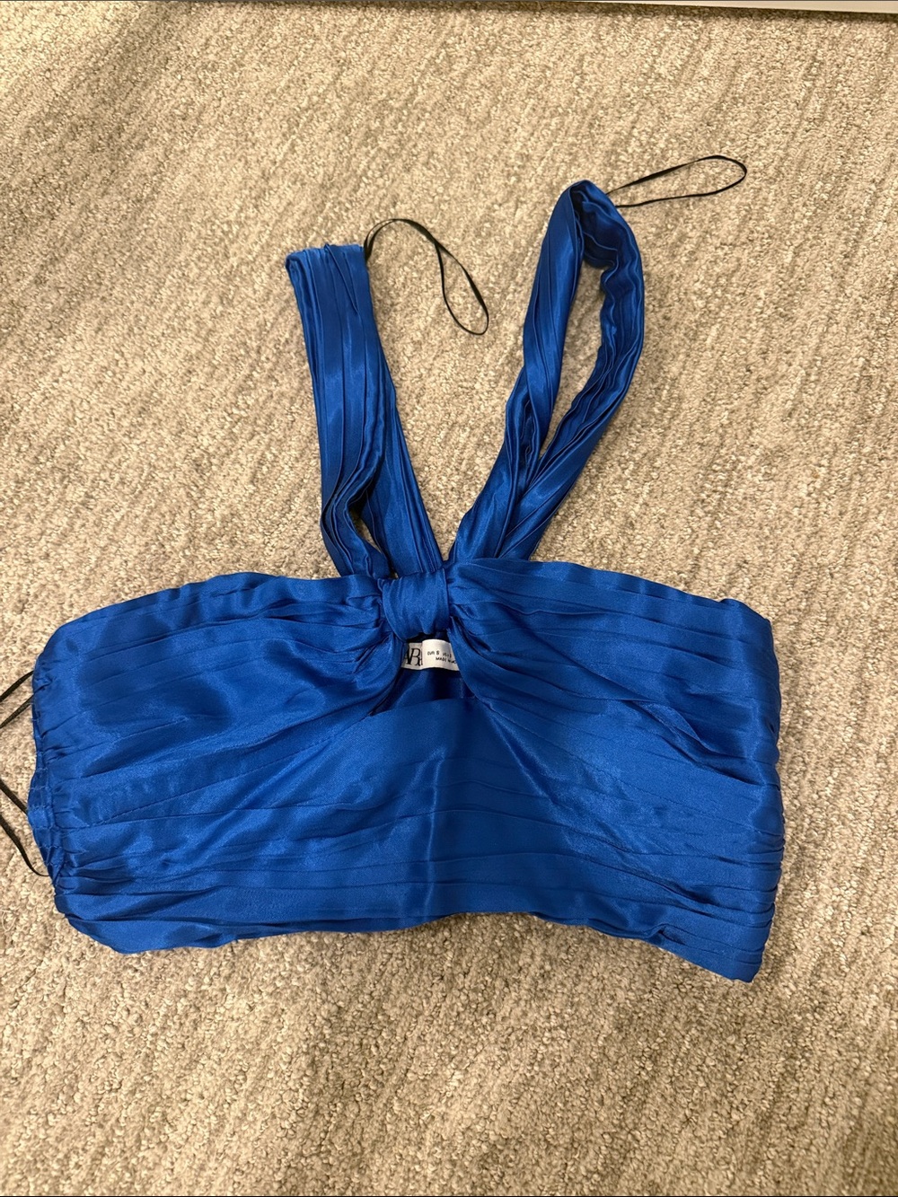 Zara Royal Blue Pleated Tie-Front Crop Top